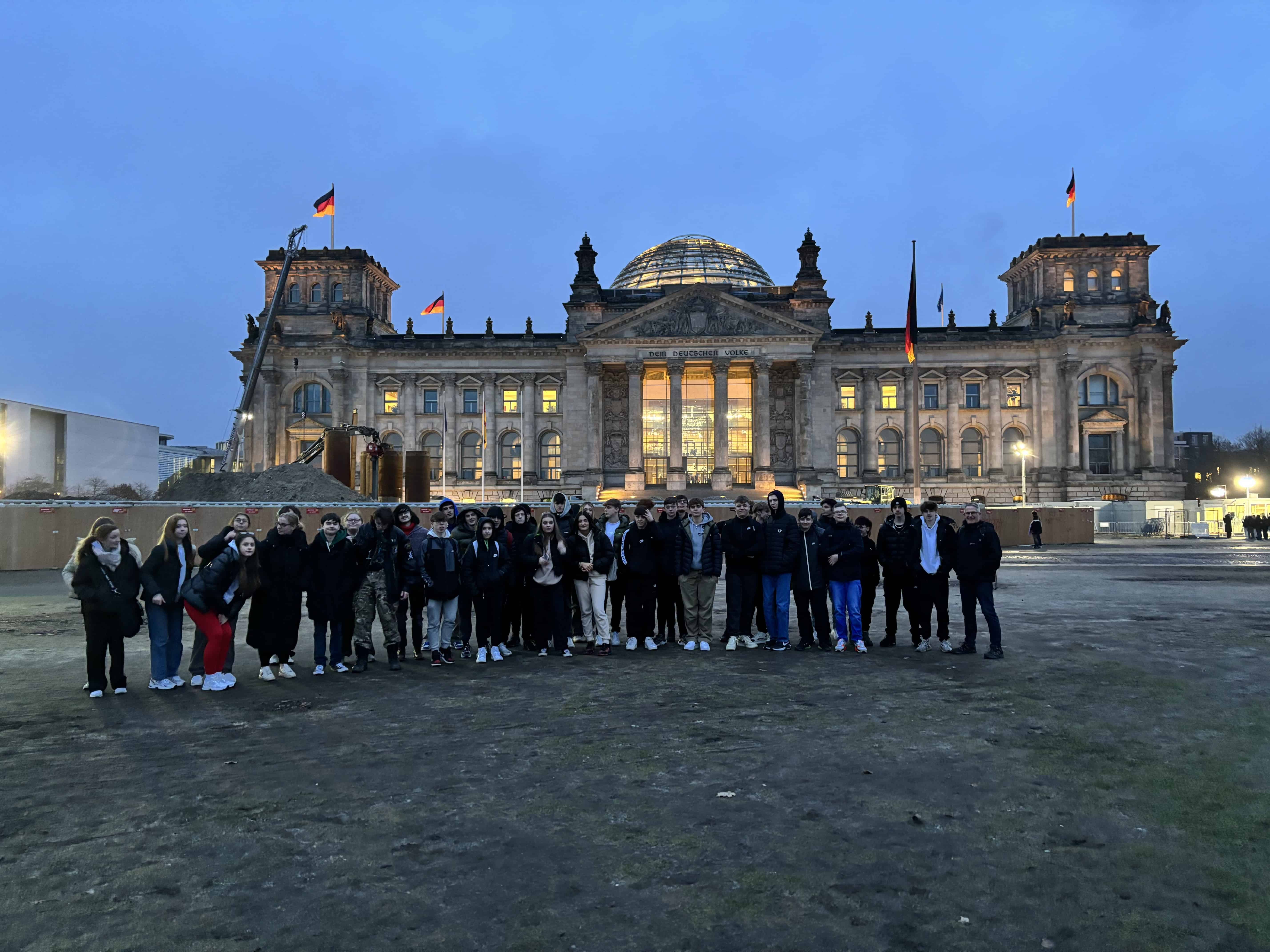 Students from Laurus Ryecroft stand outside of the Reichstag building in Berlin.