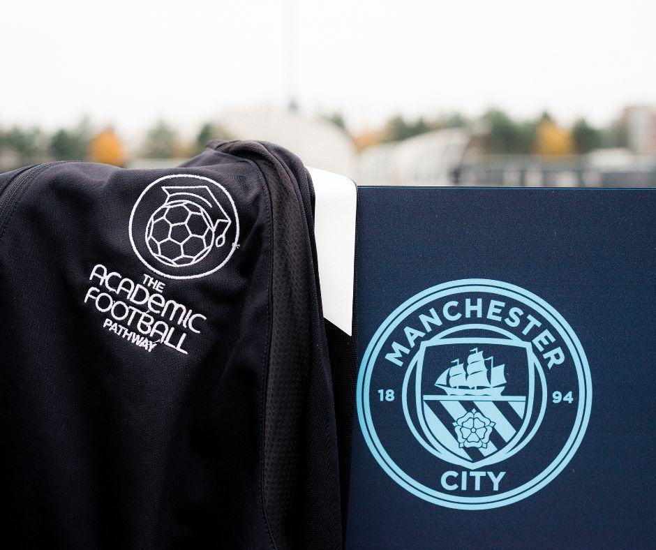 Image of the Academic Football Pathway and Manchester City Football Club logos either side each other.