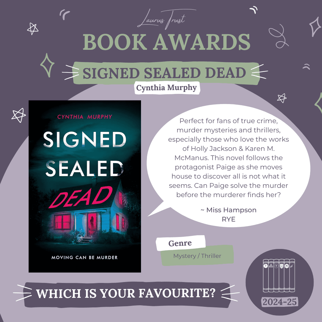 A poster about Signed Sealed Dead, a book shortlisted in the Laurus Trust Book Awards 2024-2025.