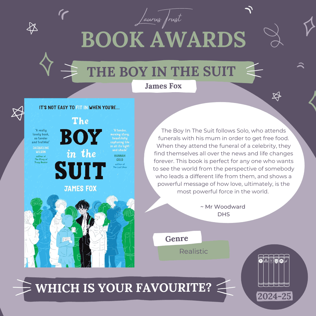 A poster about The Boy in the suit, a book nominated for the Laurus Trust book awards 2024-2025